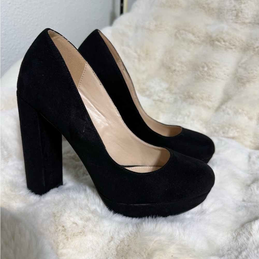 Qupid Black Suede Platform Heels